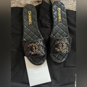 Chanel CC Logo Black Quilted Leather Sandals